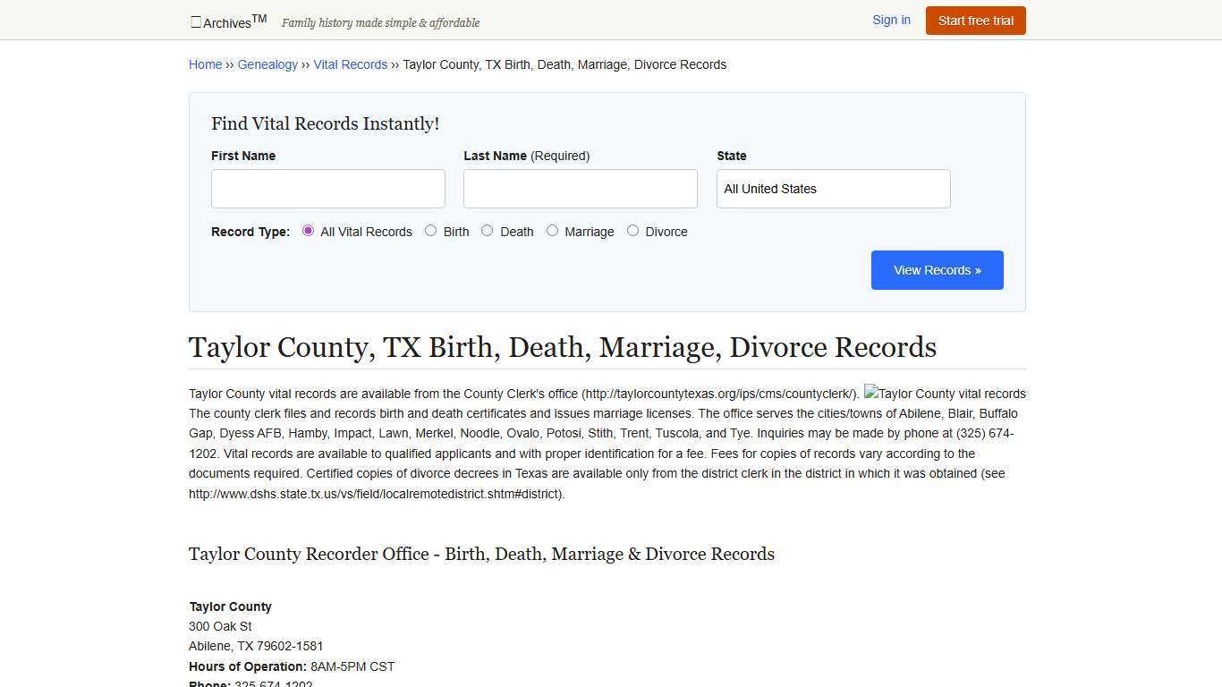 Taylor County, TX Birth, Death, Marriage, Divorce Records