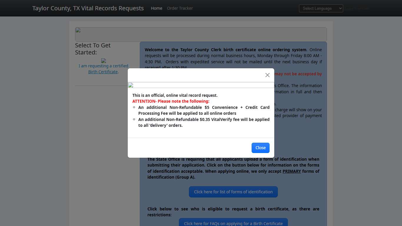 Taylor County Clerk Online Birth/Death Certificate Requests